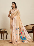 Vedant Vastram Cotton Silk Paithani Jacquard Saree - Beige