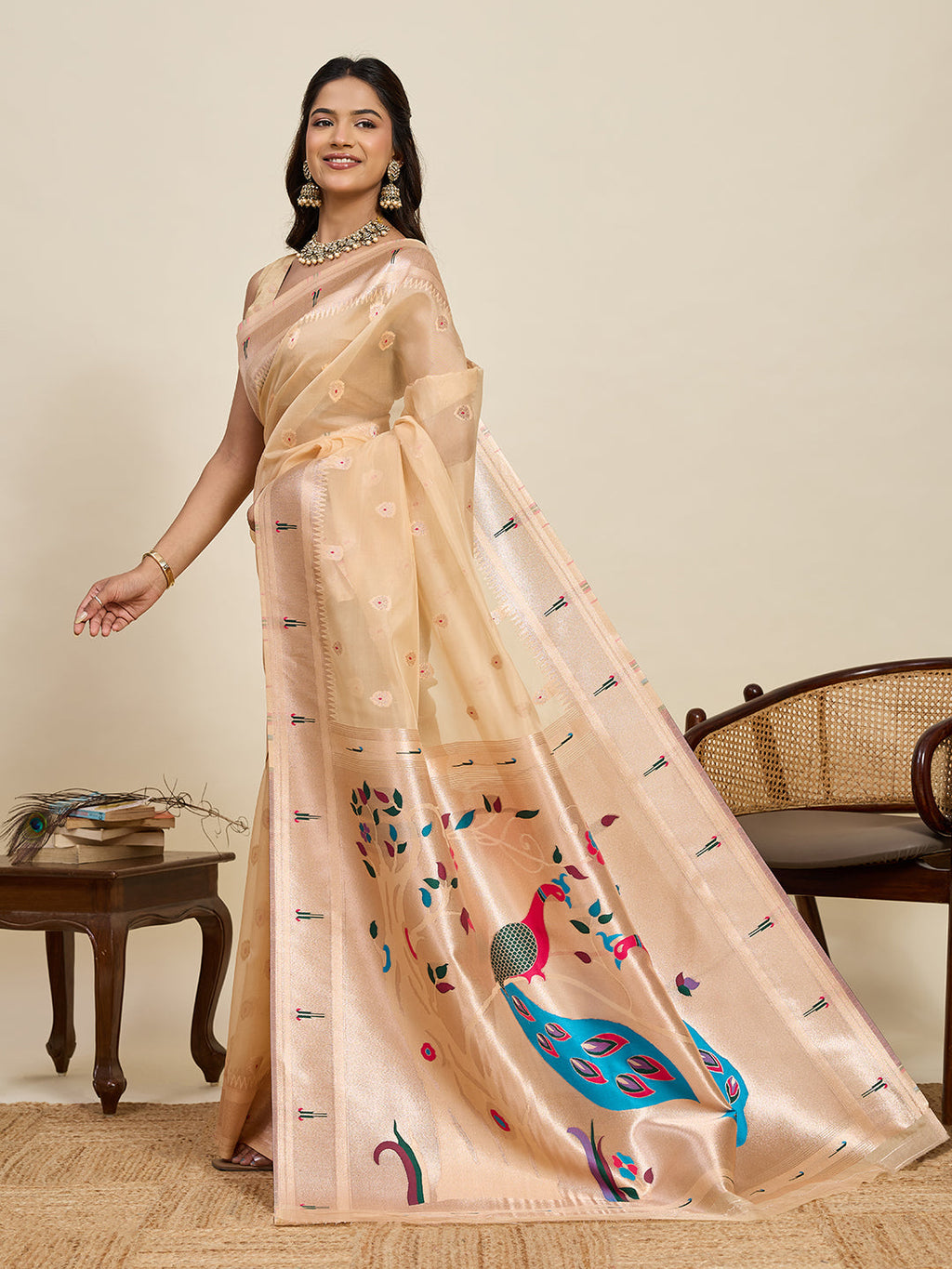 Vedant Vastram Cotton Silk Paithani Jacquard Saree - Beige