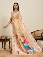 Vedant Vastram Cotton Silk Paithani Jacquard Saree - Beige
