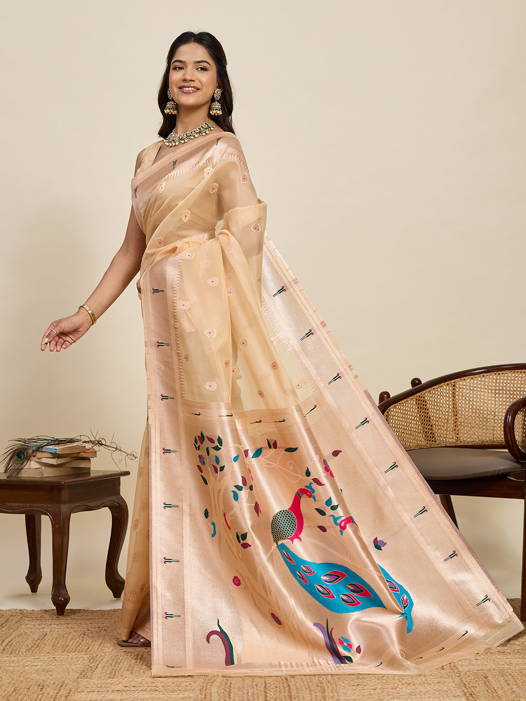 Vedant Vastram Cotton Silk Paithani Jacquard Saree - Beige