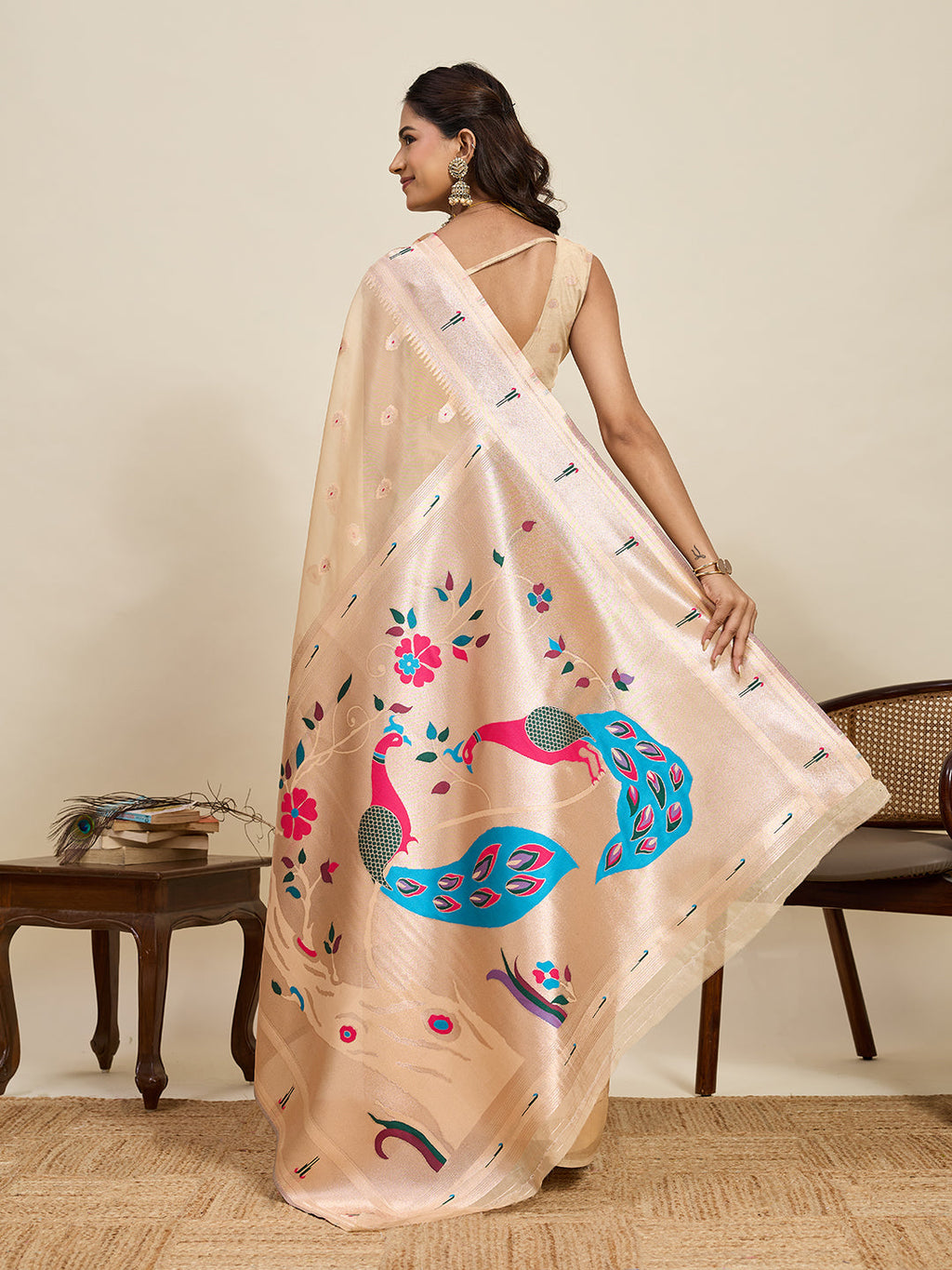 Vedant Vastram Cotton Silk Paithani Jacquard Saree - Beige