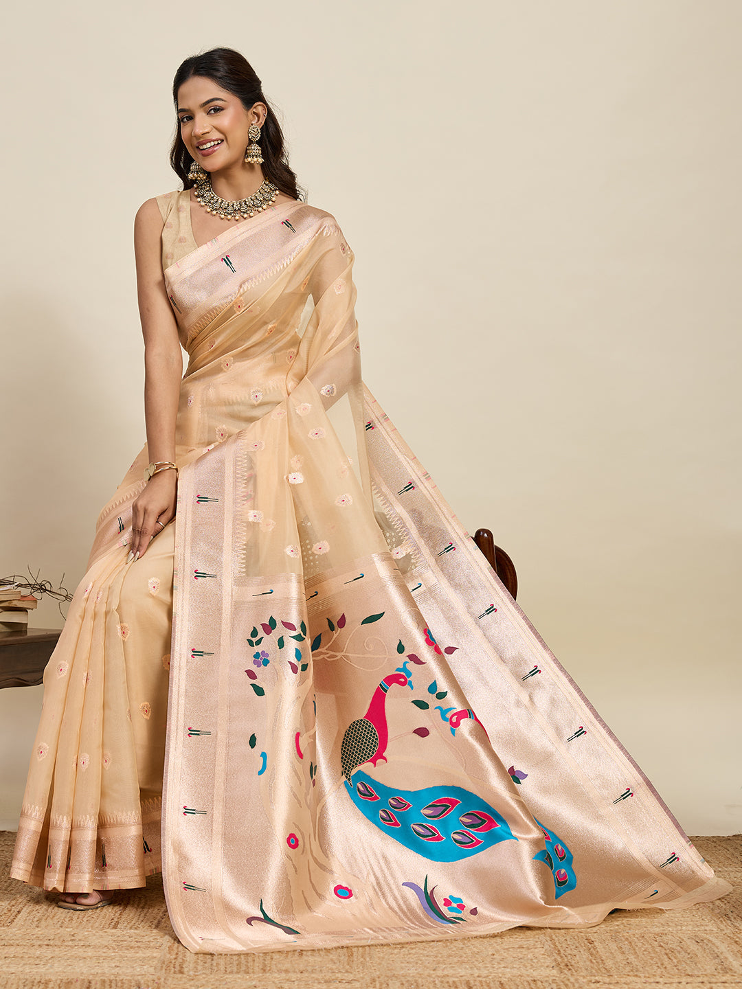 Vedant Vastram Cotton Silk Paithani Jacquard Saree - Beige