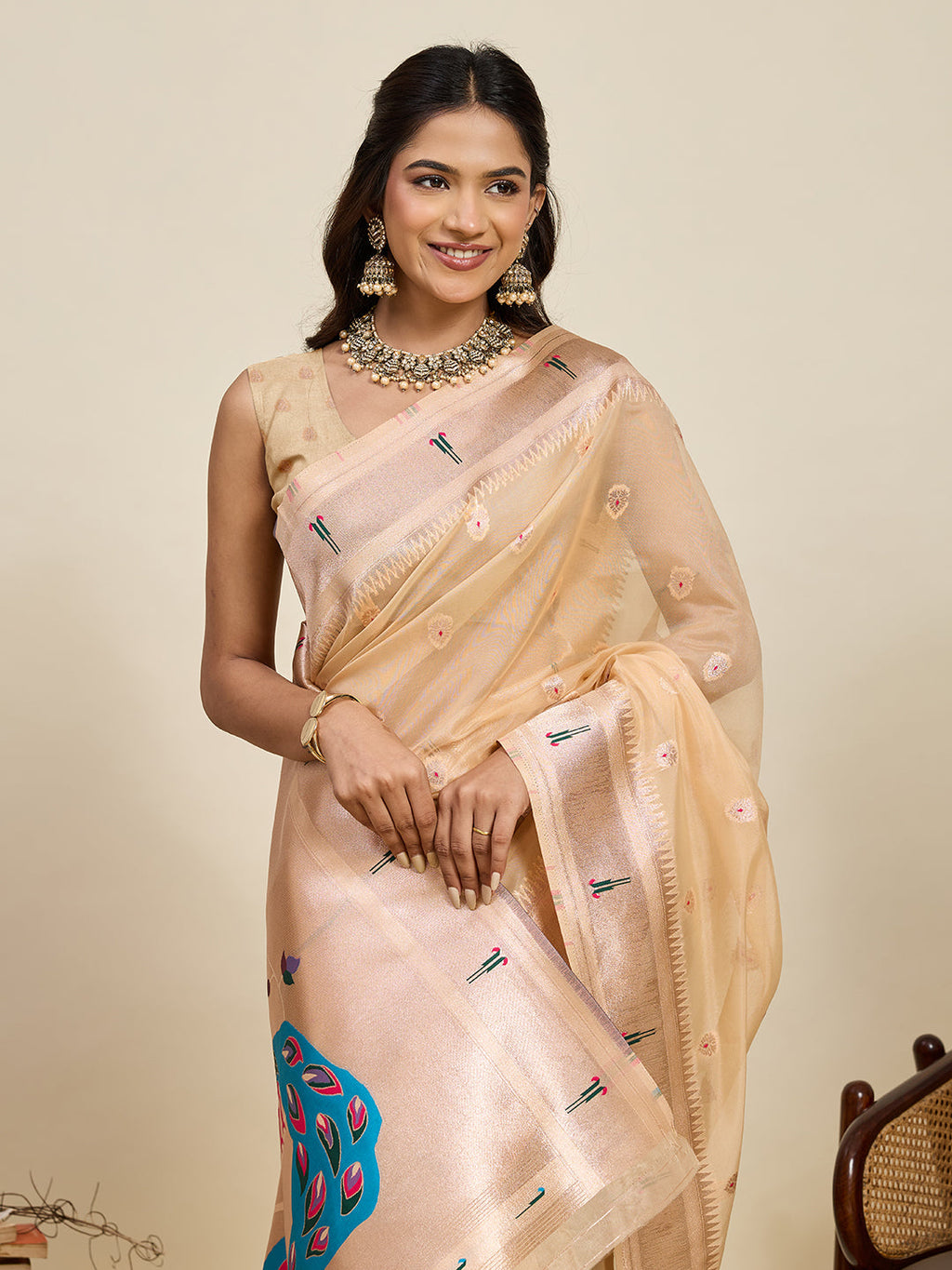 Vedant Vastram Cotton Silk Paithani Jacquard Saree - Beige