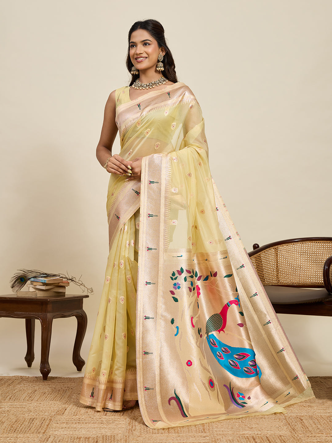 Vedant Vastram Cotton Silk Paithani Jacquard Saree - Lemon