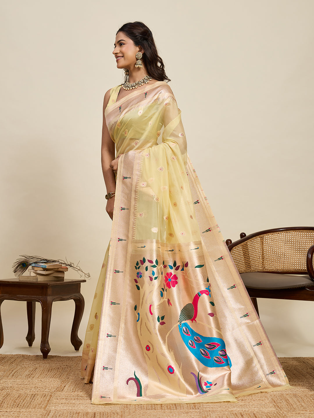 Vedant Vastram Cotton Silk Paithani Jacquard Saree - Lemon