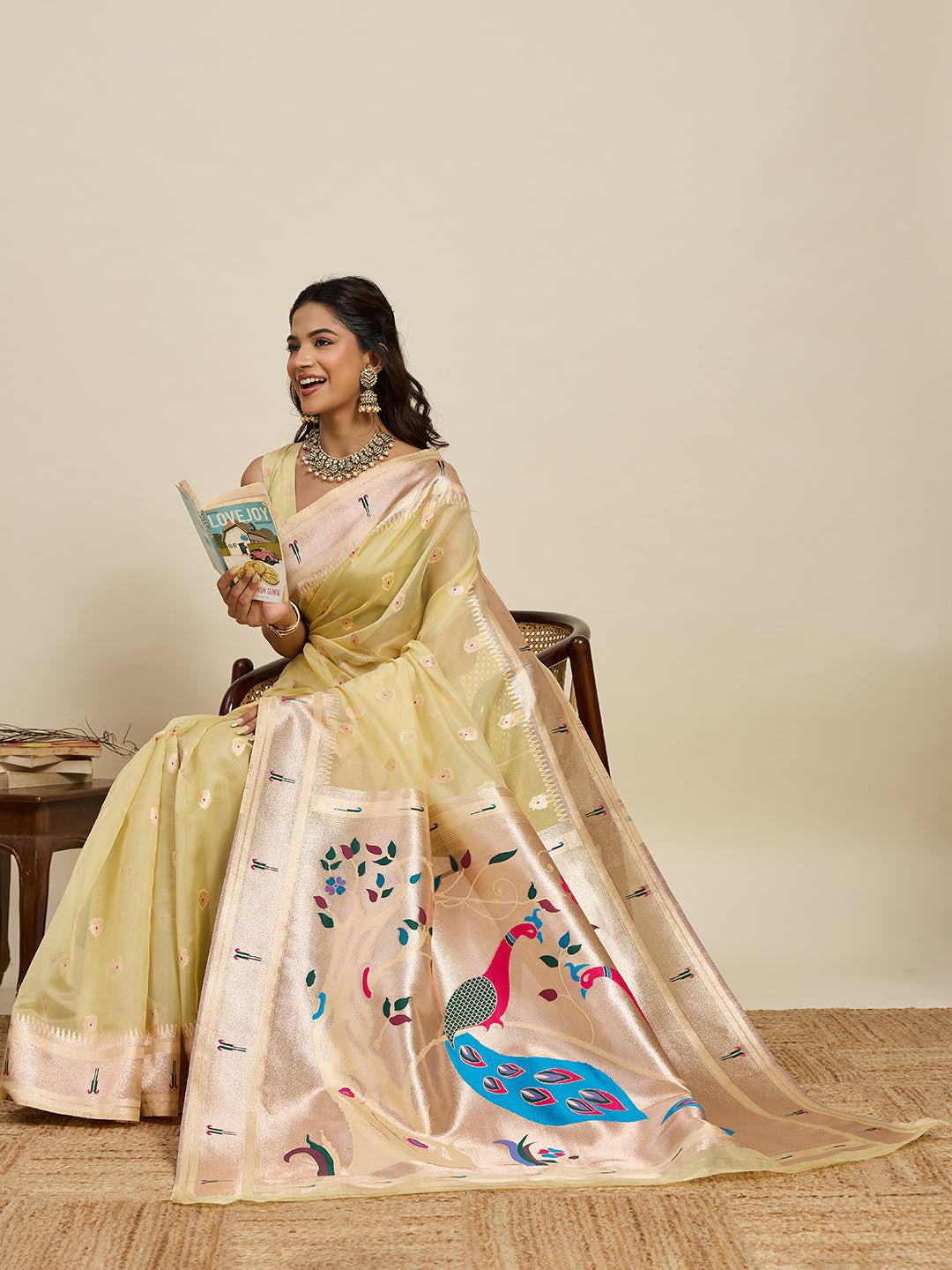 Vedant Vastram Cotton Silk Paithani Jacquard Saree - Lemon