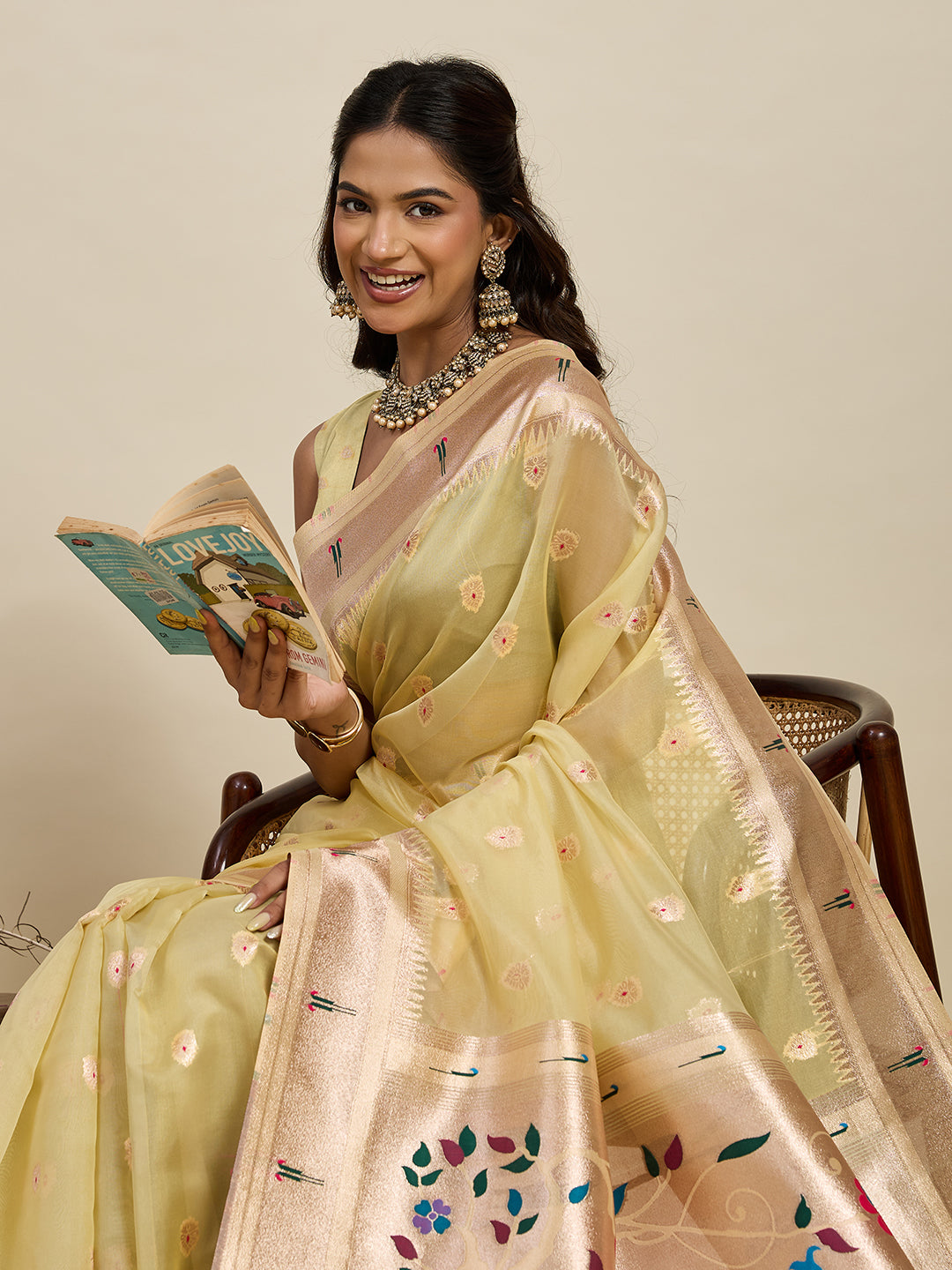 Vedant Vastram Cotton Silk Paithani Jacquard Saree - Lemon