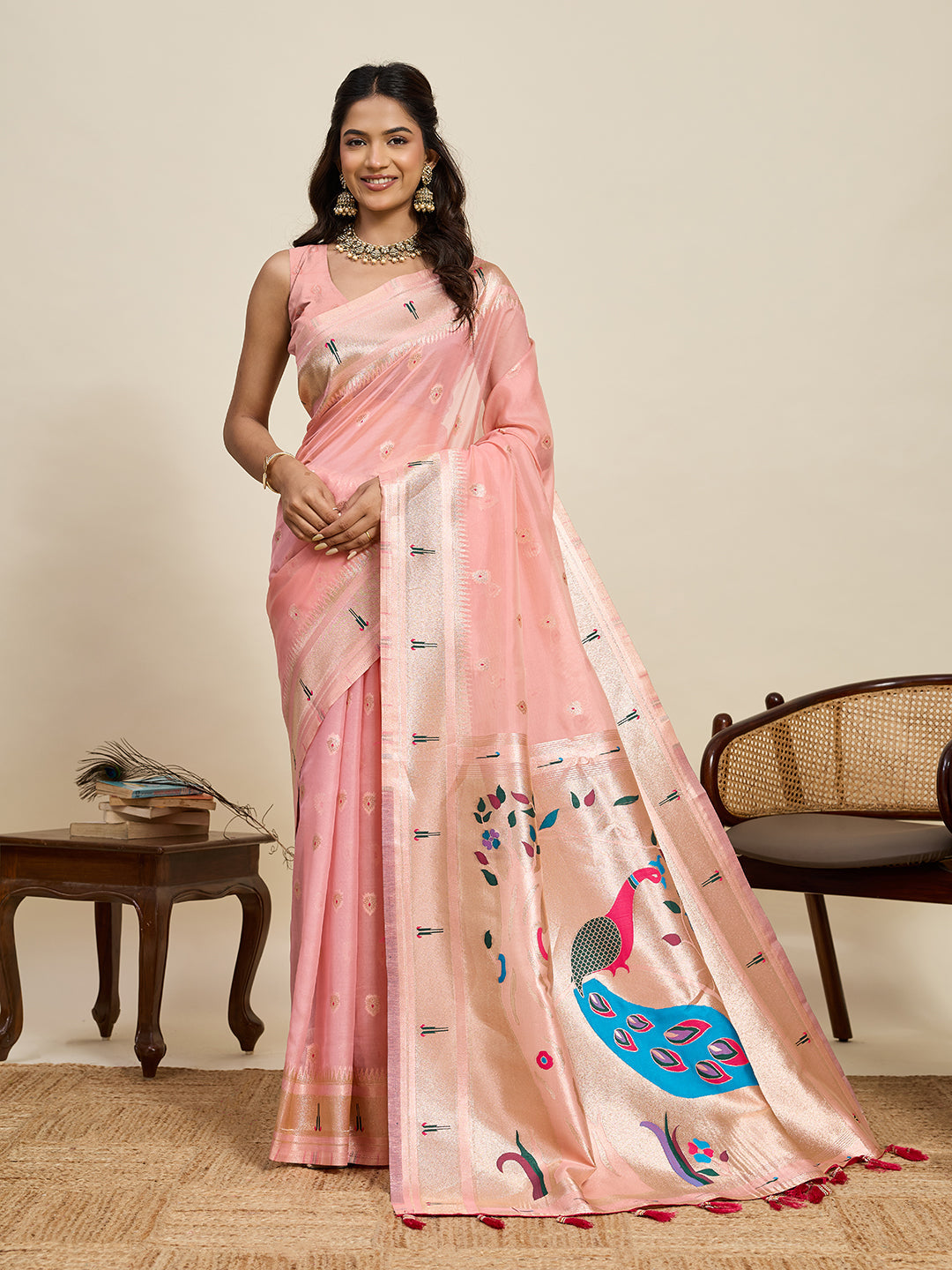Vedant Vastram Cotton Silk Paithani Jacquard Saree - Peach