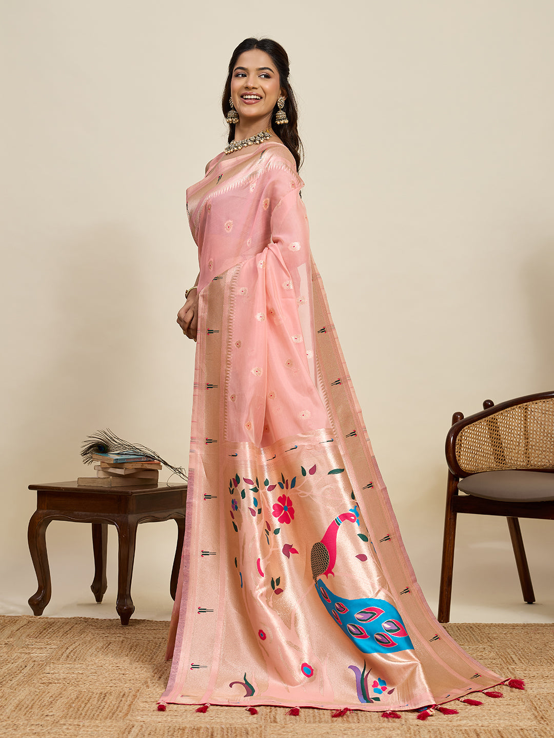 Vedant Vastram Cotton Silk Paithani Jacquard Saree - Peach