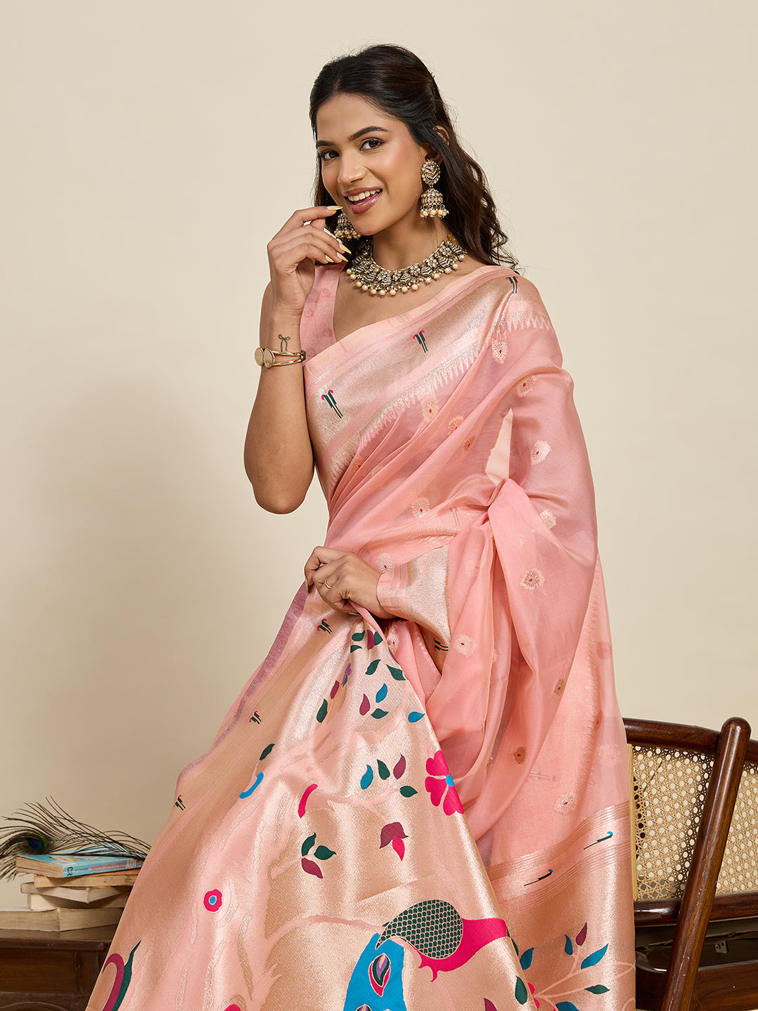 Vedant Vastram Cotton Silk Paithani Jacquard Saree - Peach