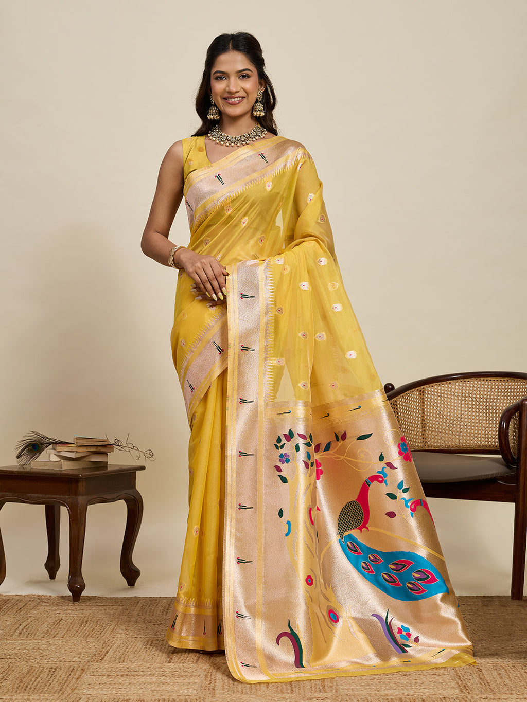 Vedant Vastram Cotton Silk Paithani Jacquard Saree - Yellow