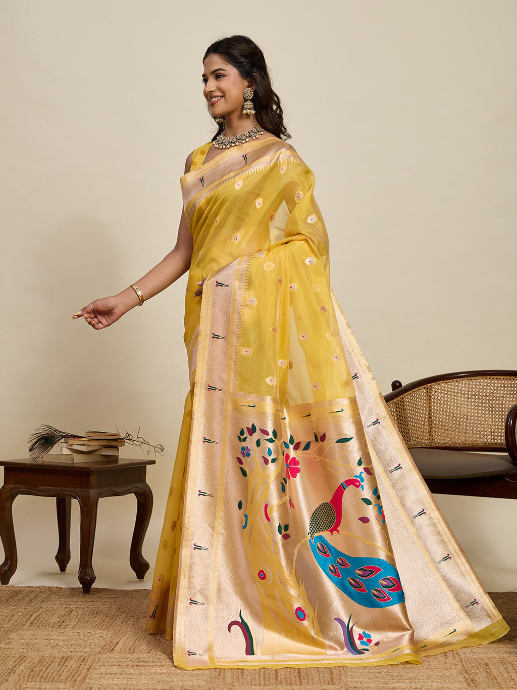 Vedant Vastram Cotton Silk Paithani Jacquard Saree - Yellow