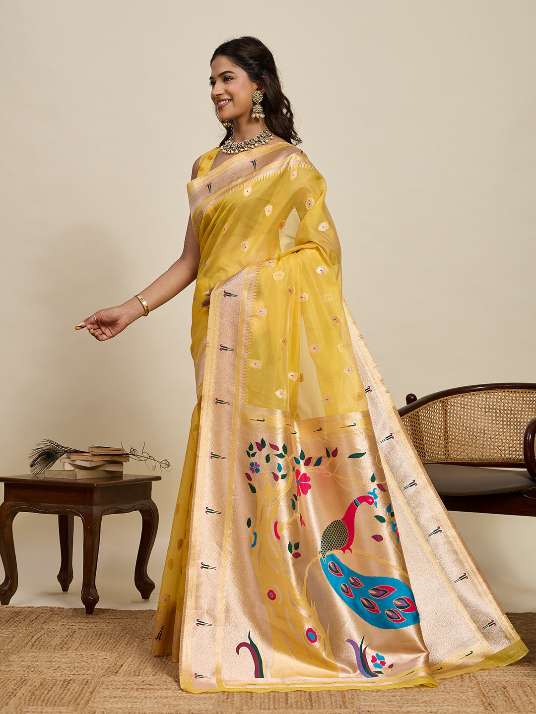 Vedant Vastram Cotton Silk Paithani Jacquard Saree - Yellow