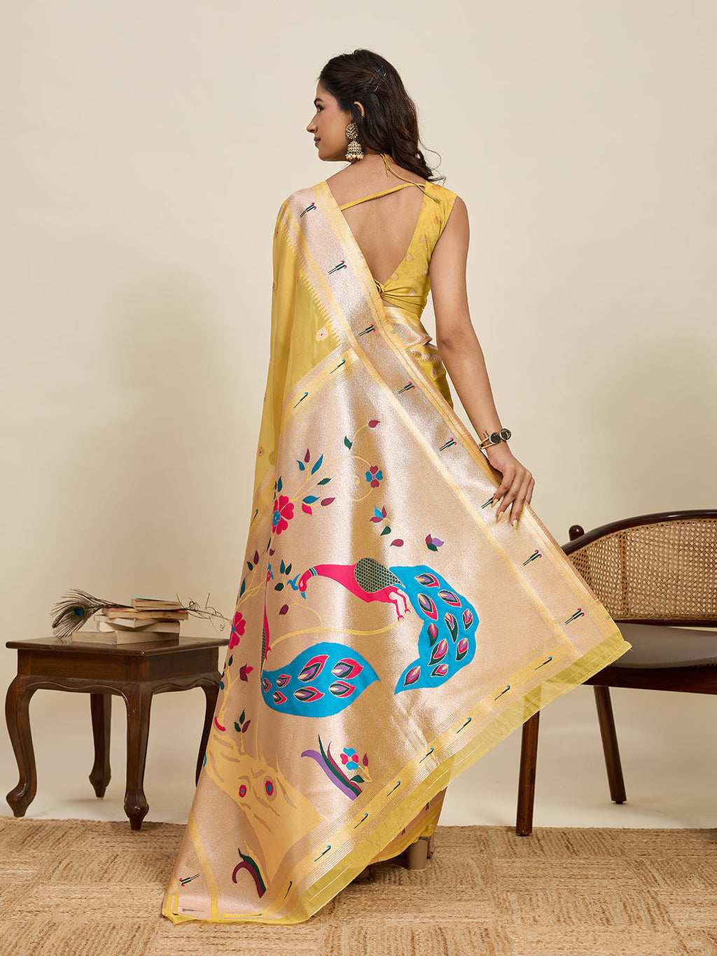 Vedant Vastram Cotton Silk Paithani Jacquard Saree - Yellow