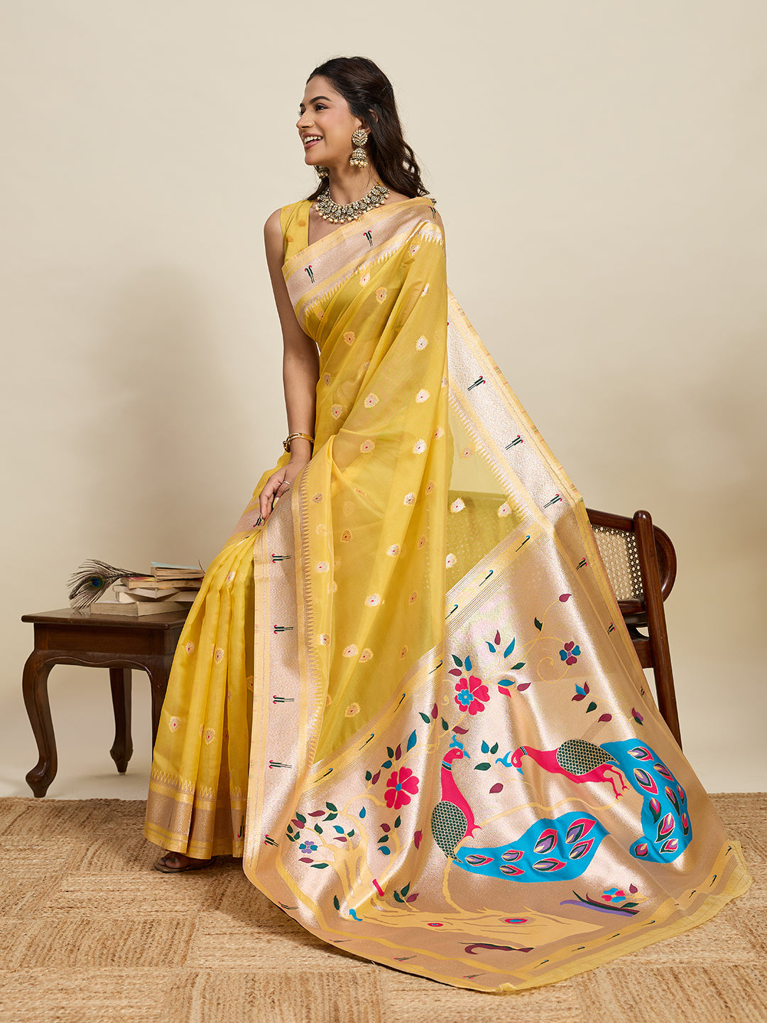 Vedant Vastram Cotton Silk Paithani Jacquard Saree - Yellow