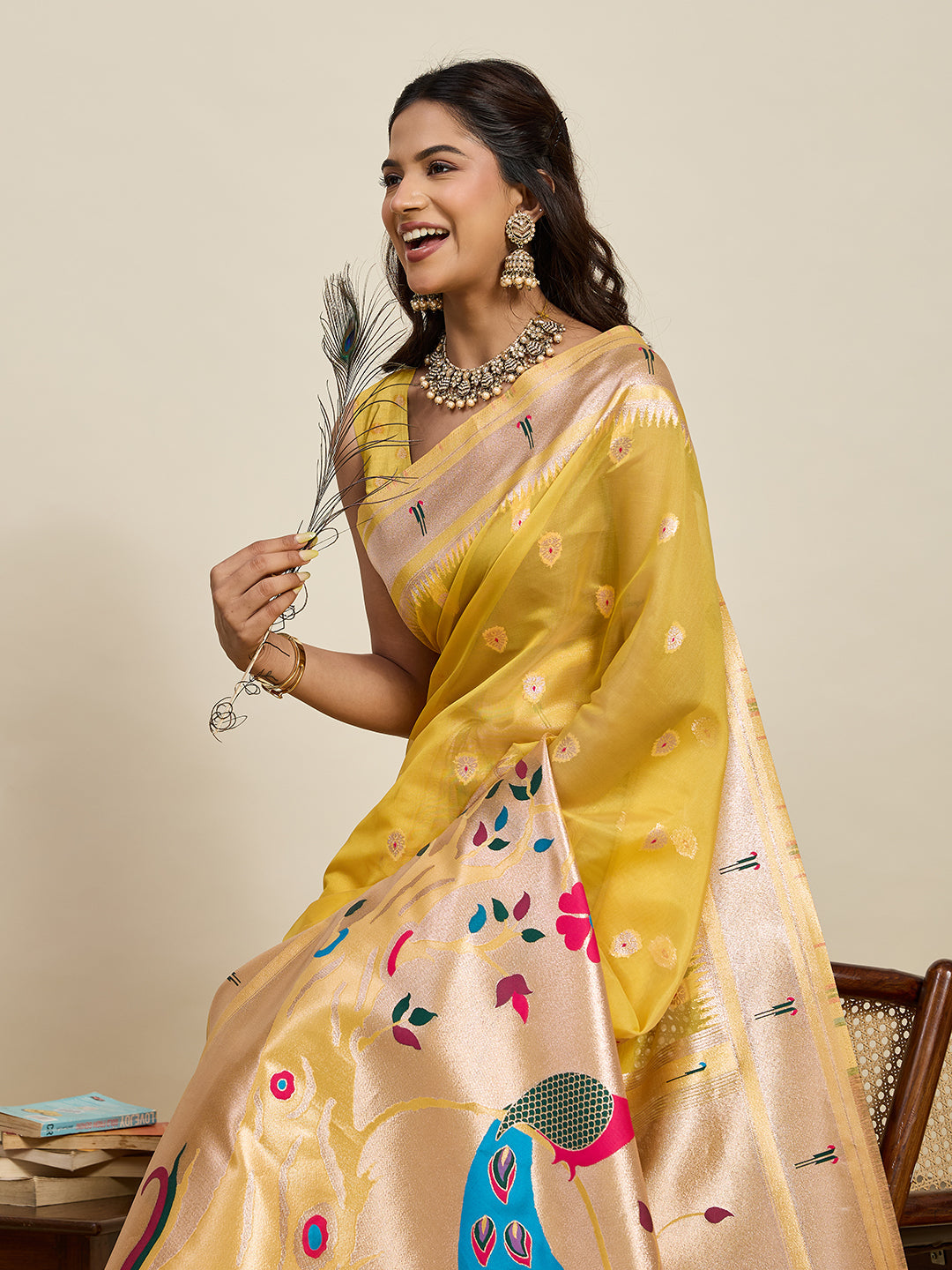 Vedant Vastram Cotton Silk Paithani Jacquard Saree - Yellow