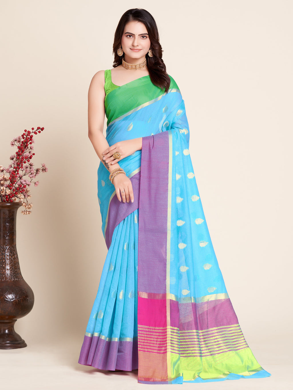 Vedant Vastram Soft Art Silk Silk Jacquard Fancy Saree - Firozi