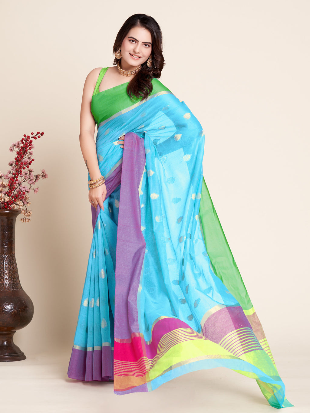 Vedant Vastram Soft Art Silk Silk Jacquard Fancy Saree - Firozi