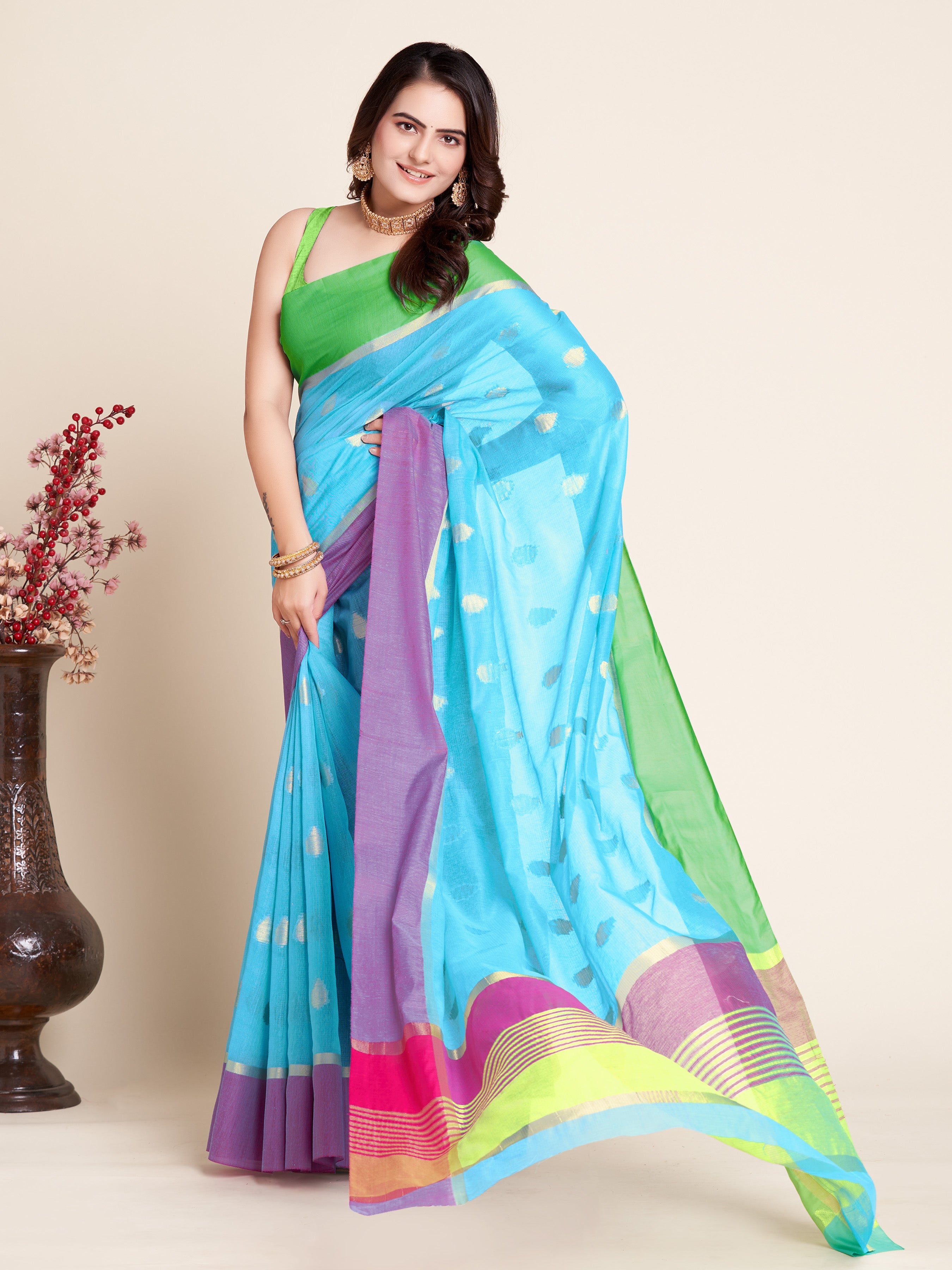 Vedant Vastram Soft Art Silk Silk Jacquard Fancy Saree - Firozi