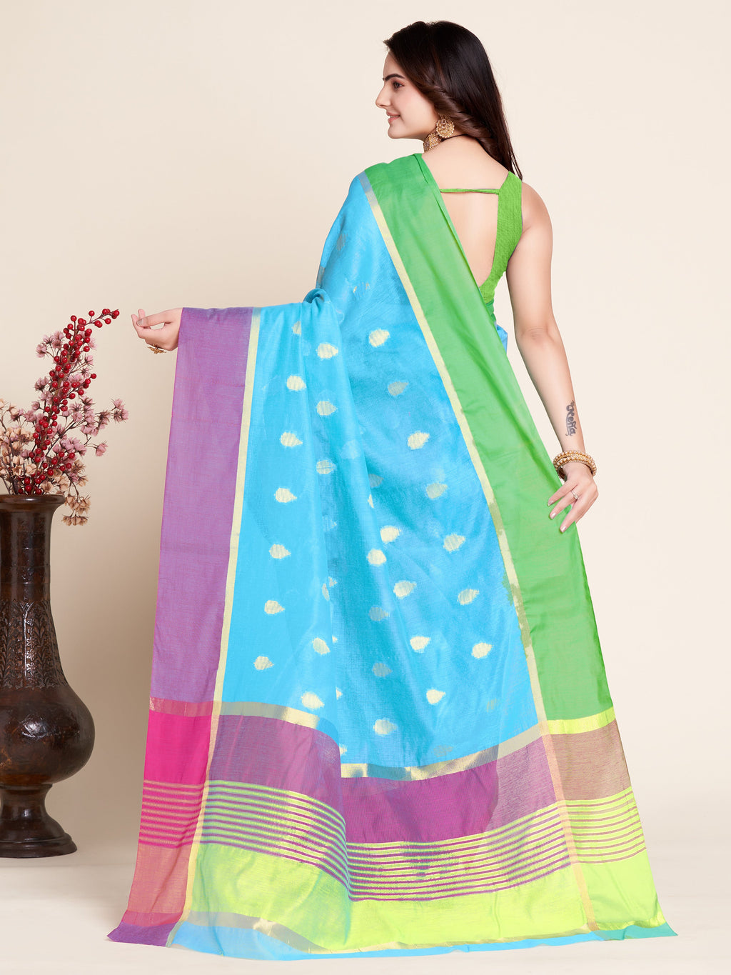 Vedant Vastram Soft Art Silk Silk Jacquard Fancy Saree - Firozi