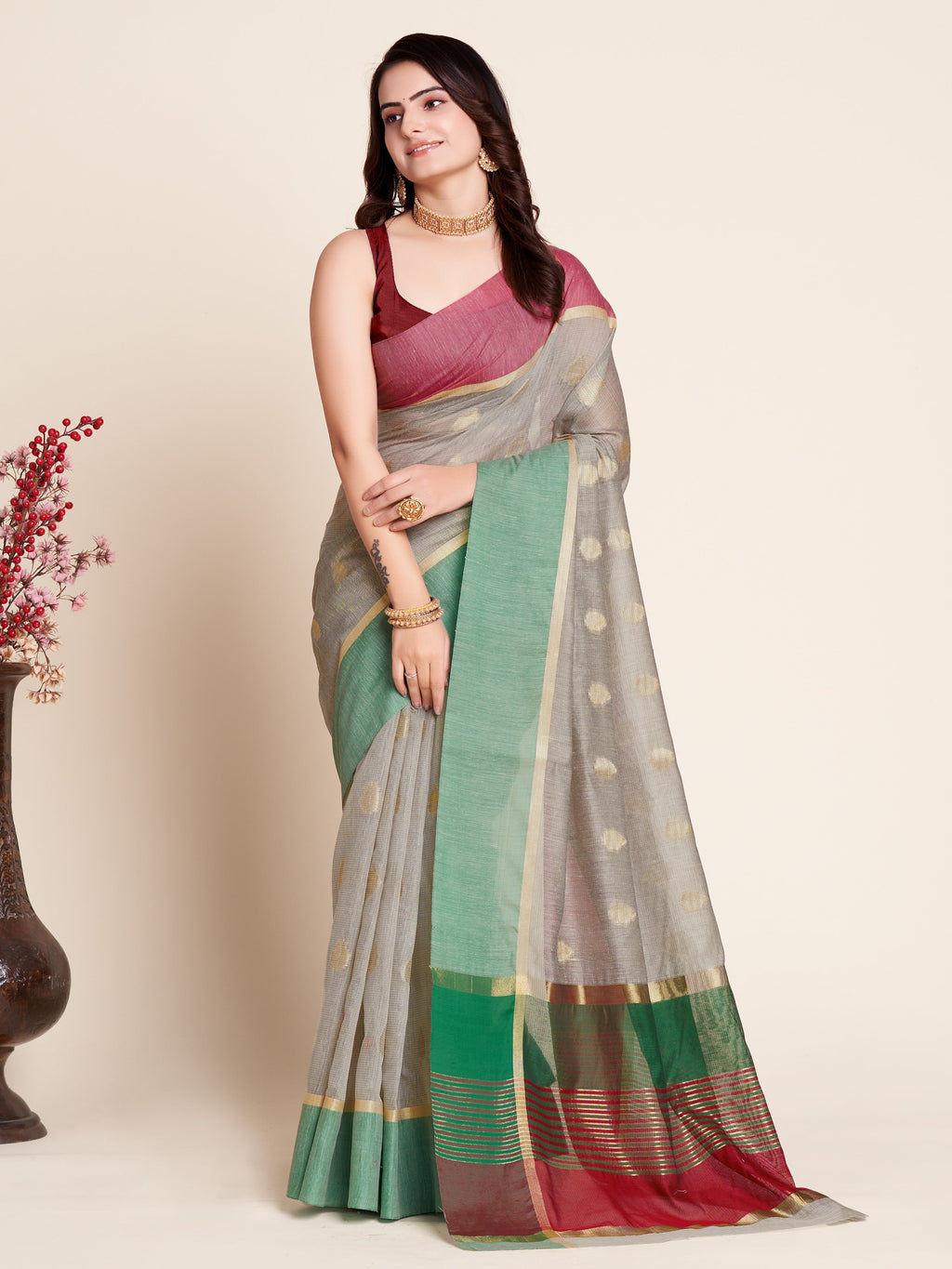 Vedant Vastram Soft Art Silk Silk Jacquard Fancy Saree - Grey