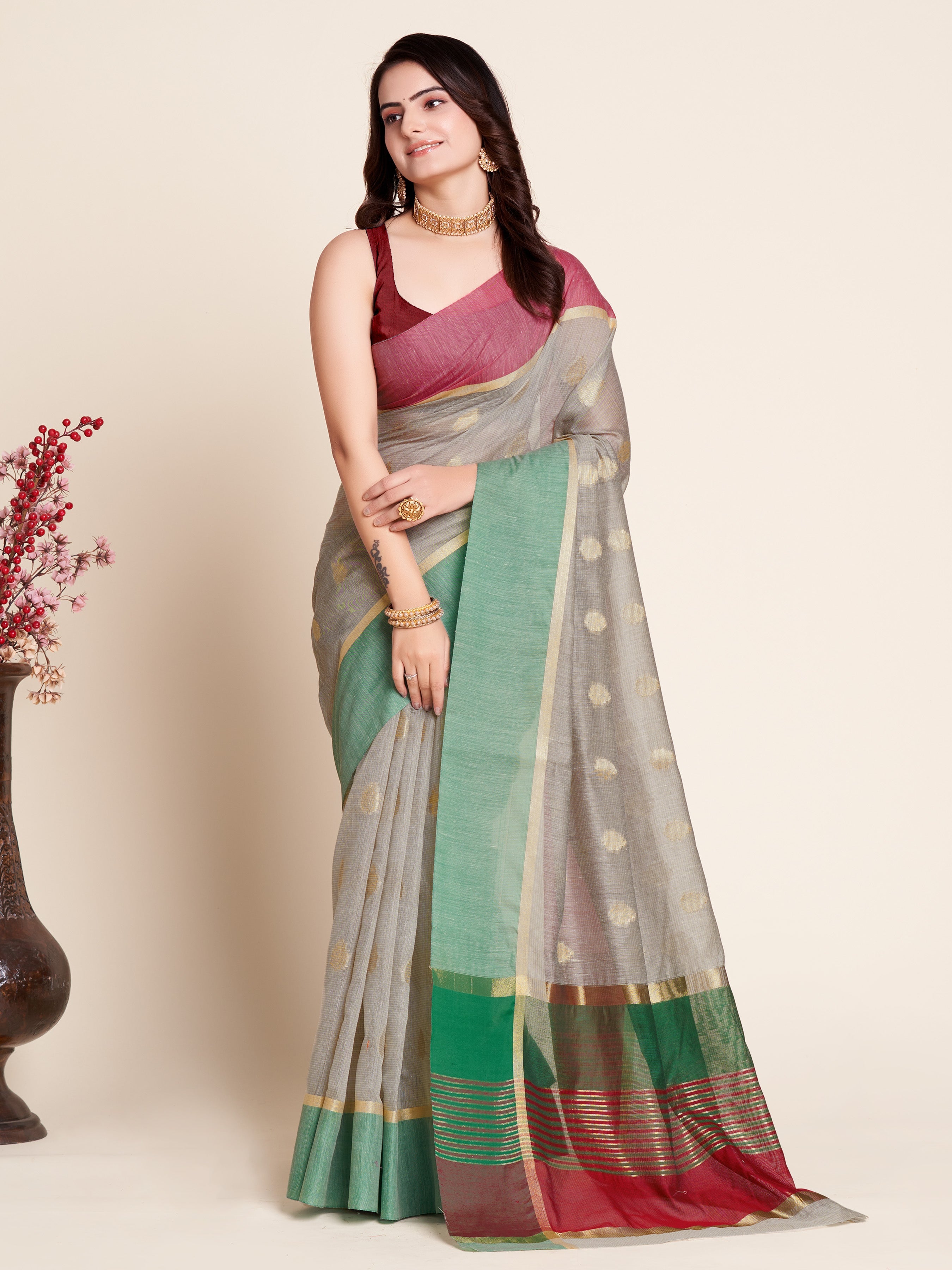 Vedant Vastram Soft Art Silk Silk Jacquard Fancy Saree - Grey