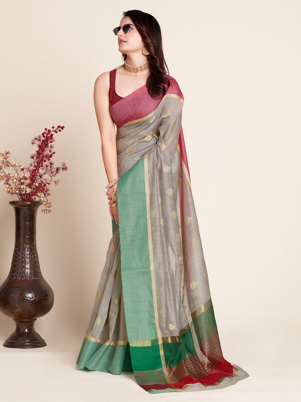 Vedant Vastram Soft Art Silk Silk Jacquard Fancy Saree - Grey