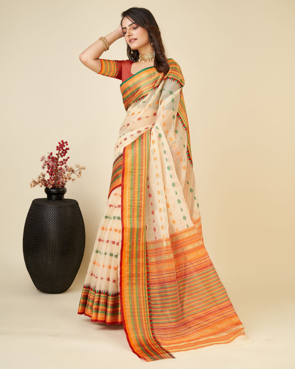 Vedant Vastram Soft Art Silk Silk Jacquard Fancy Saree - Beige