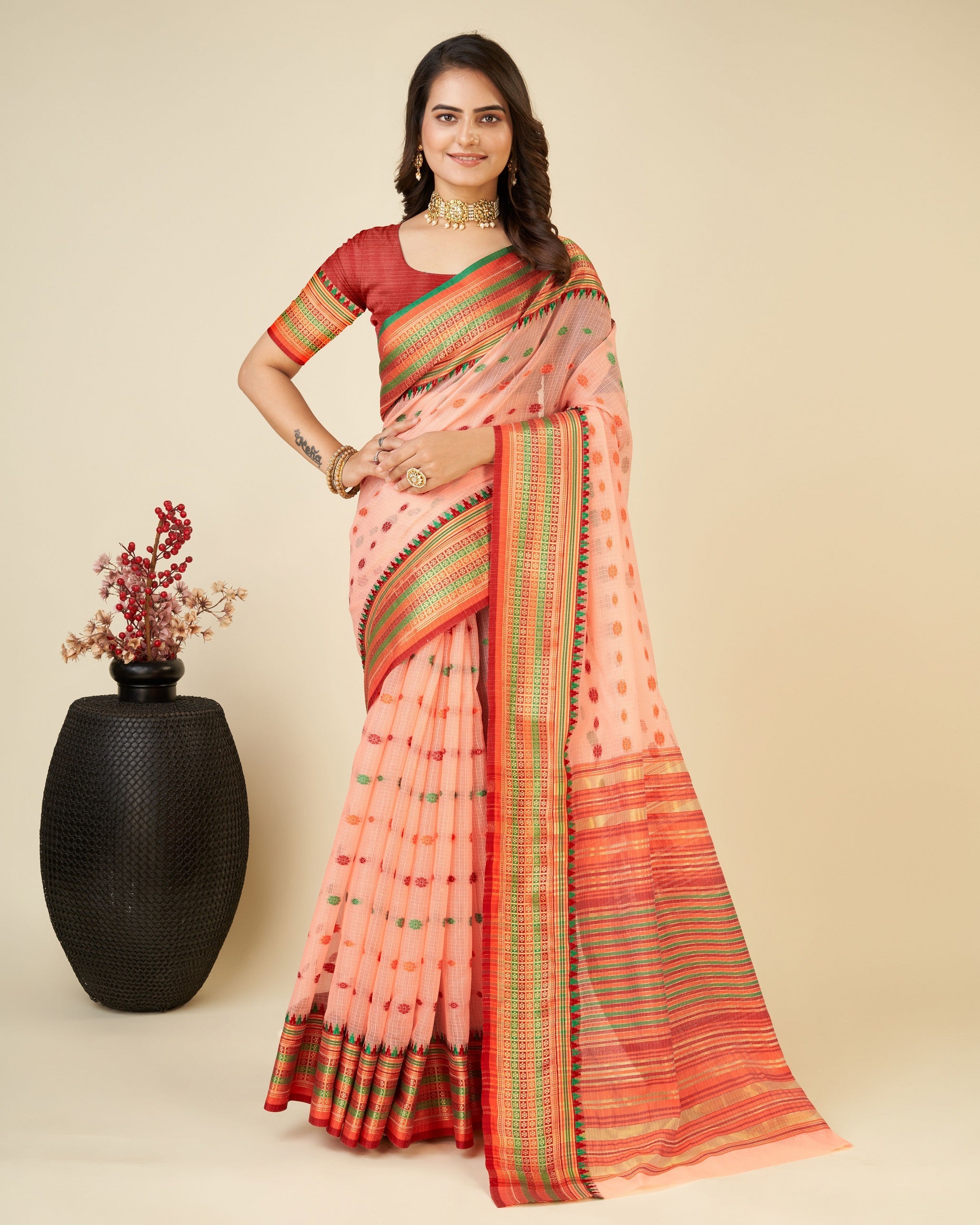 Vedant Vastram Soft Art Silk Silk Jacquard Fancy Saree - Peach