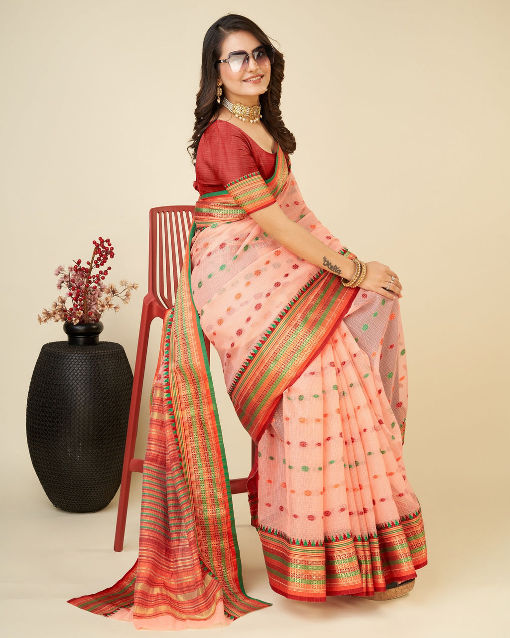 Vedant Vastram Soft Art Silk Silk Jacquard Fancy Saree - Peach