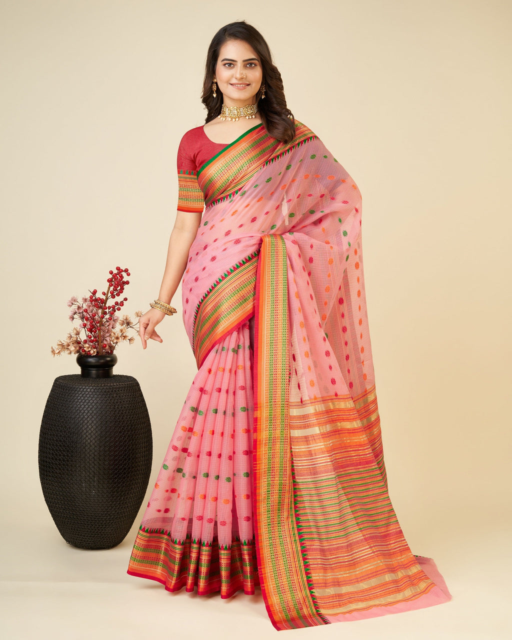 Vedant Vastram Soft Art Silk Silk Jacquard Fancy Saree - Pink