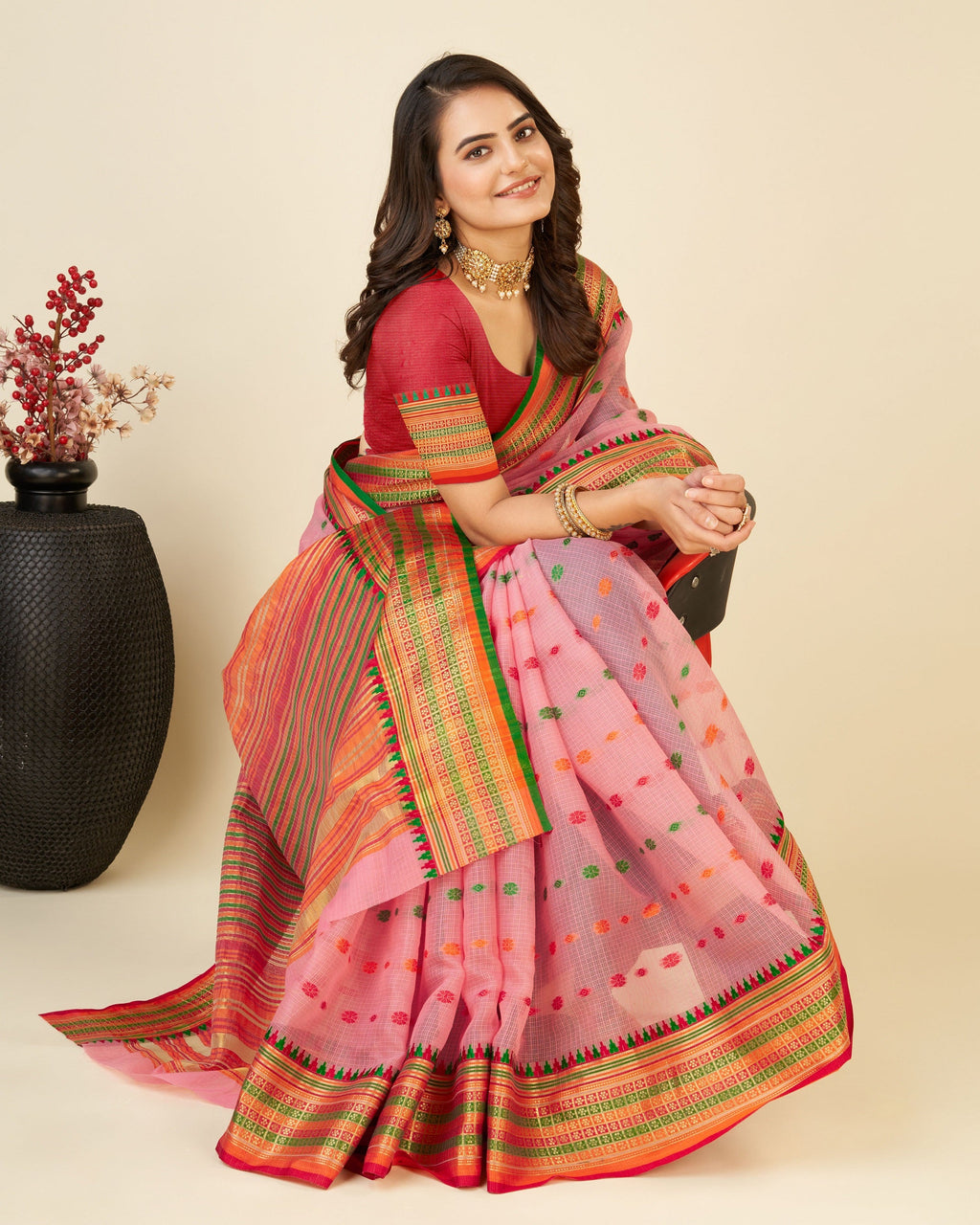 Vedant Vastram Soft Art Silk Silk Jacquard Fancy Saree - Pink