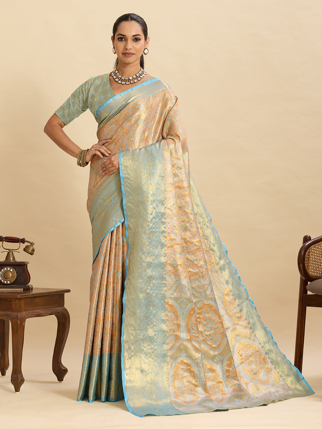 Vedant Vastram Soft Litchi Silk Banarasi Silk Jacquard Saree - Aqua