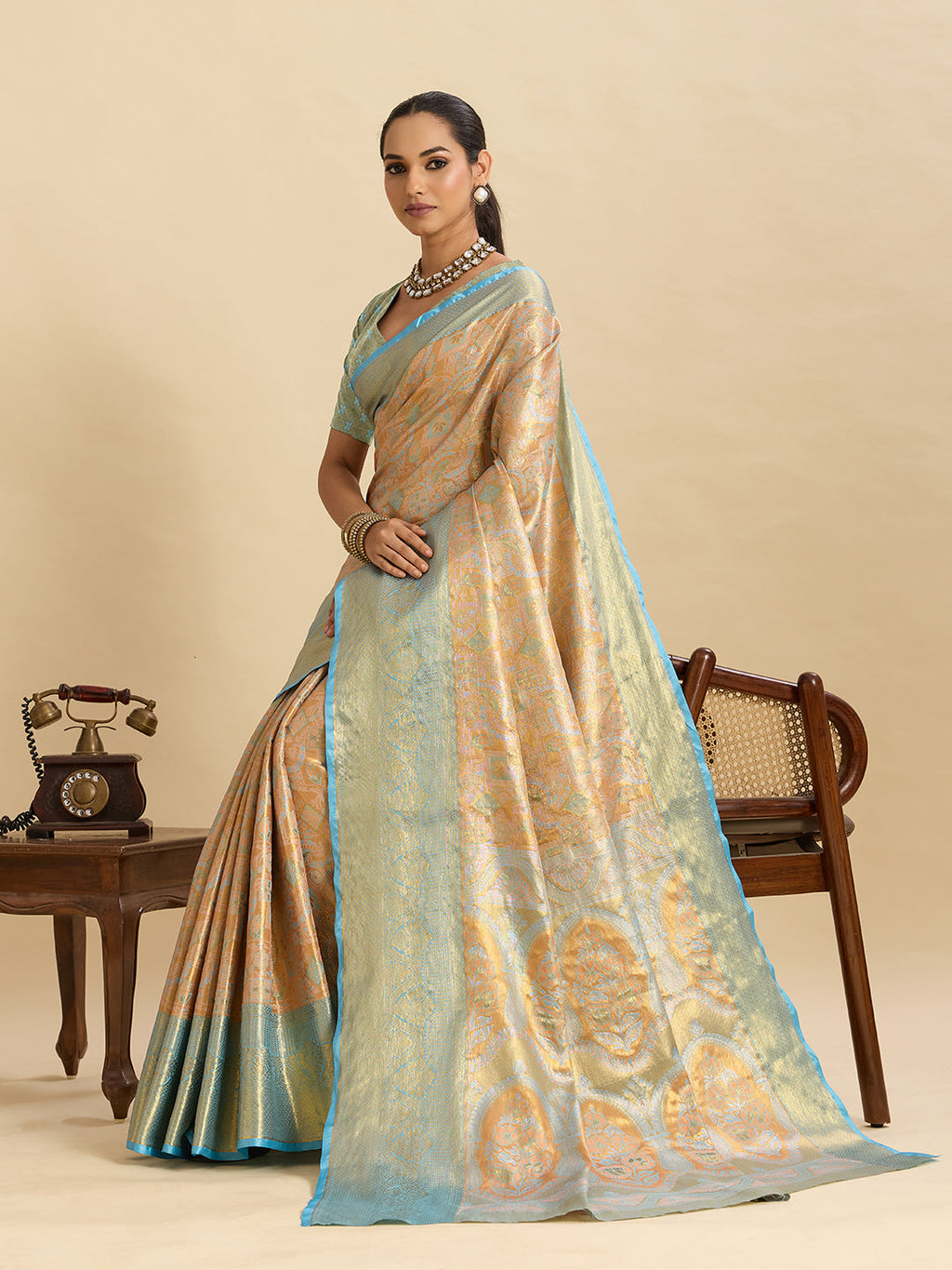 Vedant Vastram Soft Litchi Silk Banarasi Silk Jacquard Saree - Aqua