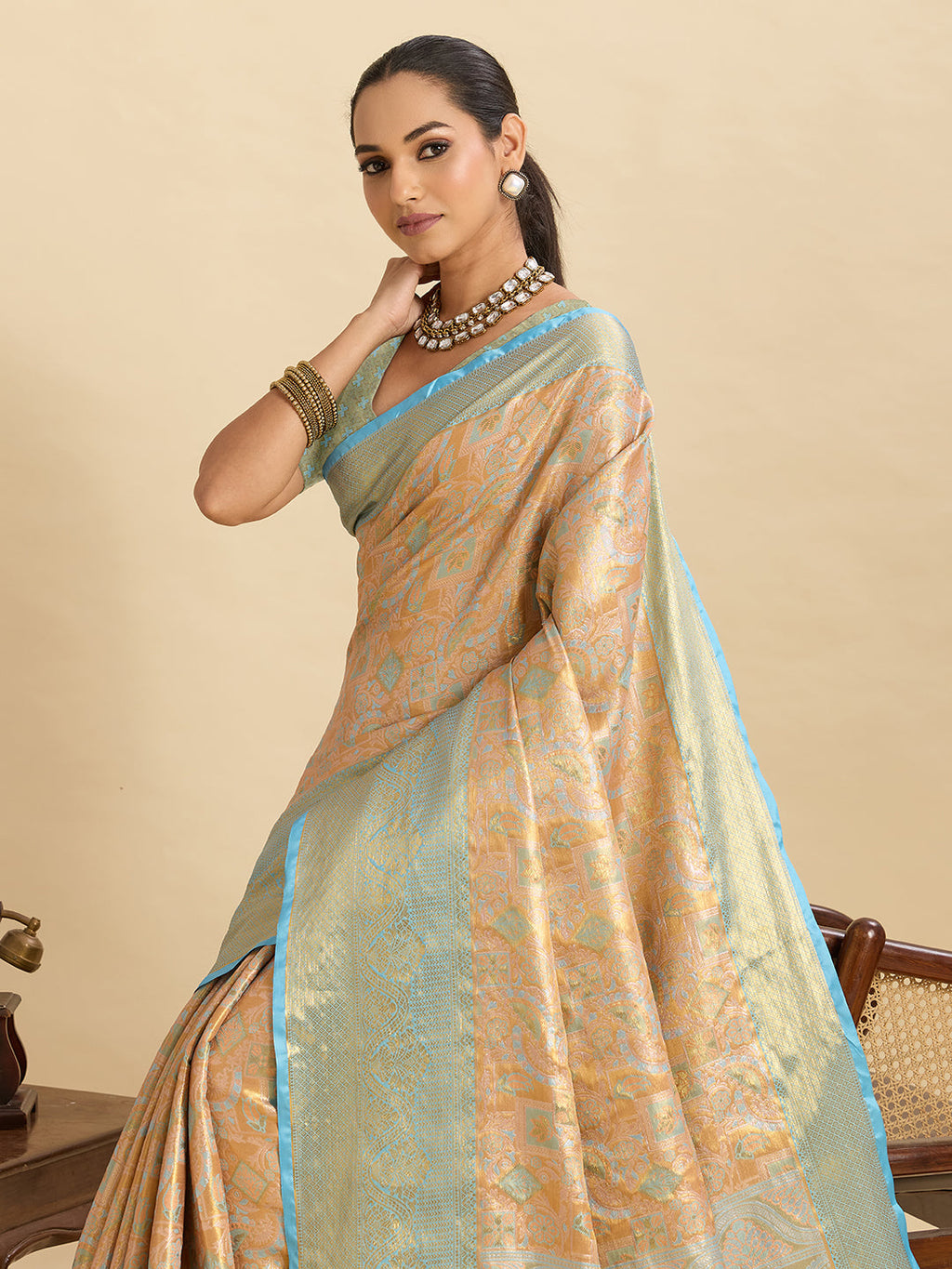 Vedant Vastram Soft Litchi Silk Banarasi Silk Jacquard Saree - Aqua