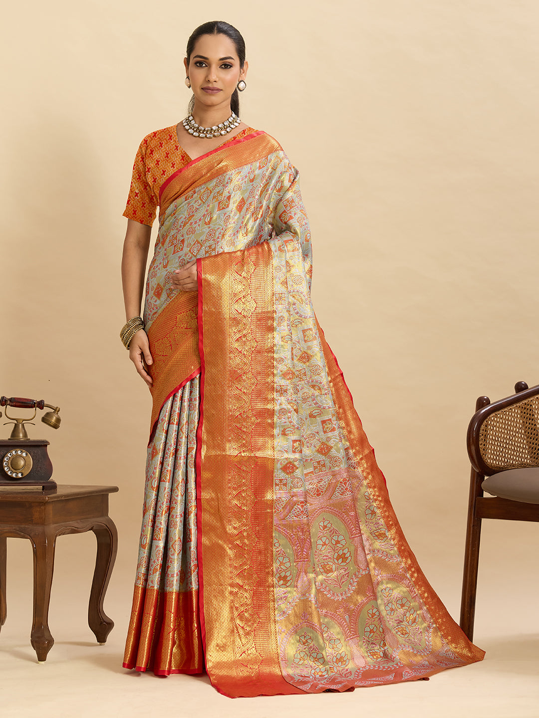 Vedant Vastram Soft Litchi Silk Banarasi Silk Jacquard Saree - Orange