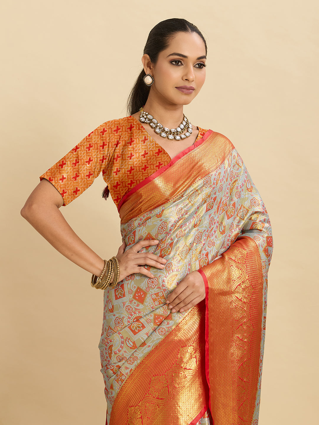 Vedant Vastram Soft Litchi Silk Banarasi Silk Jacquard Saree - Orange