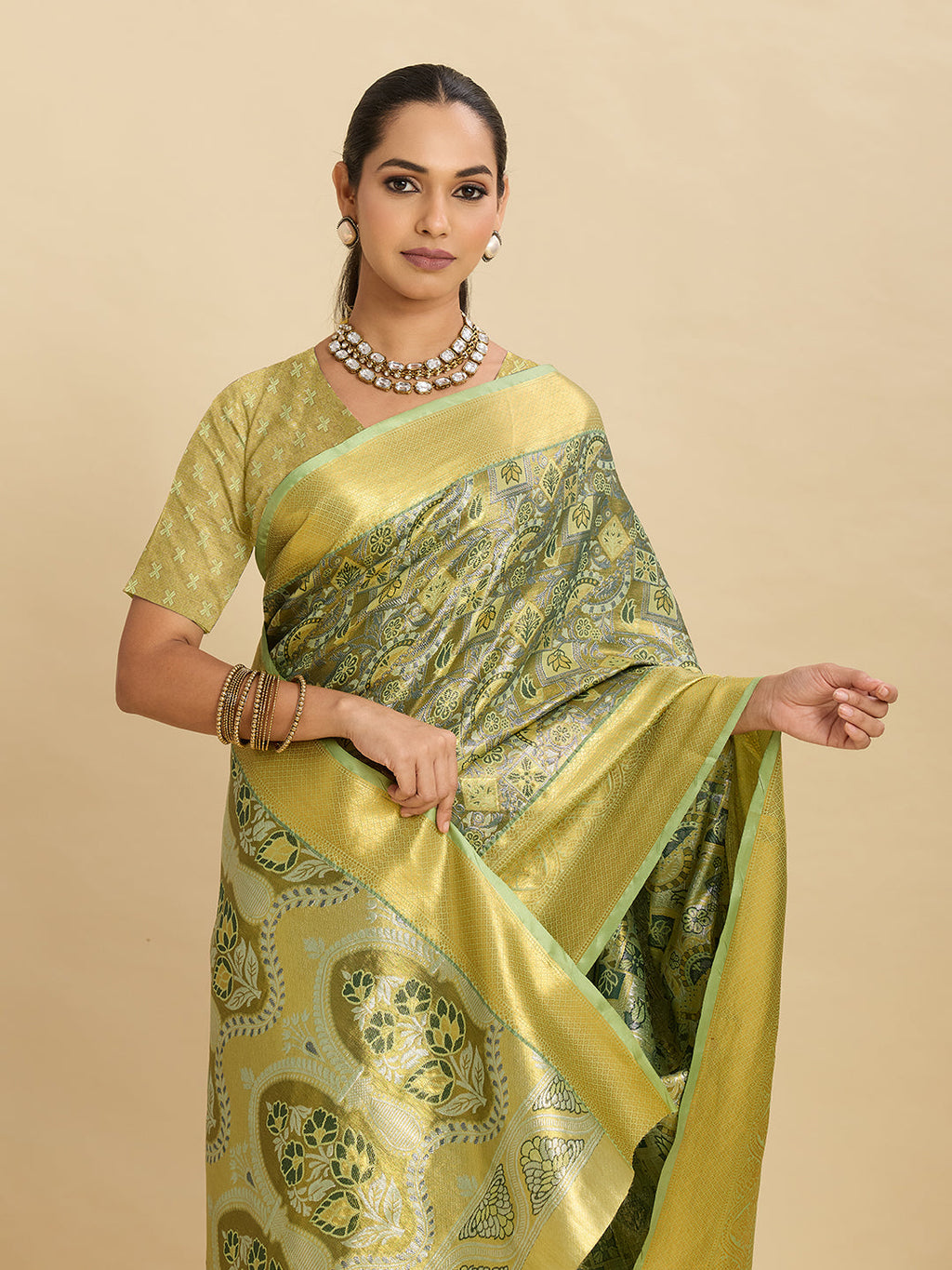 Vedant Vastram Soft Litchi Silk Banarasi Silk Jacquard Saree - Pista