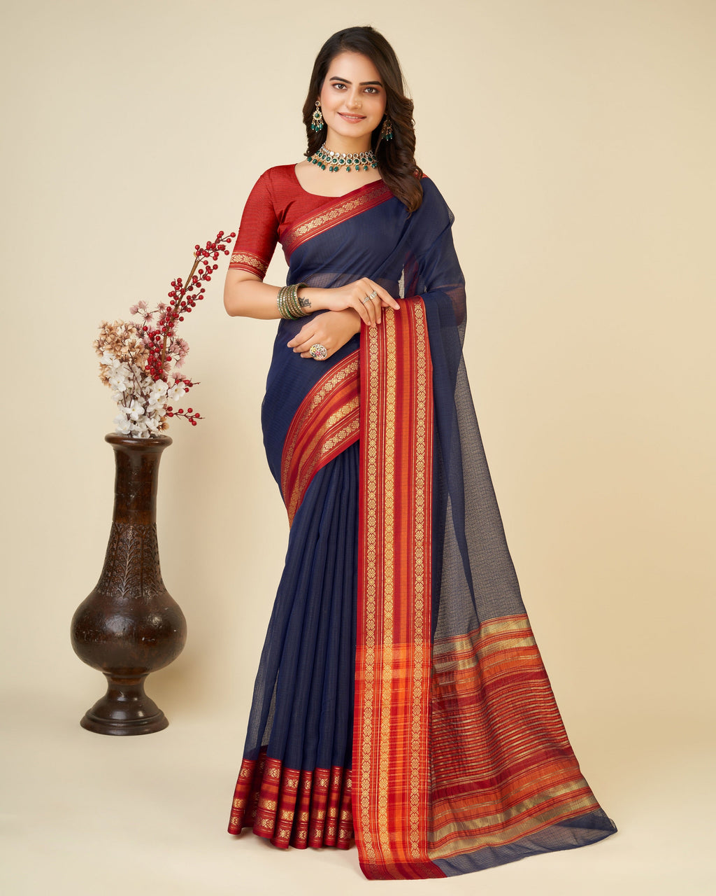Vedant Vastram Cotton Silk Silk Jacquard Fancy Saree - Navy