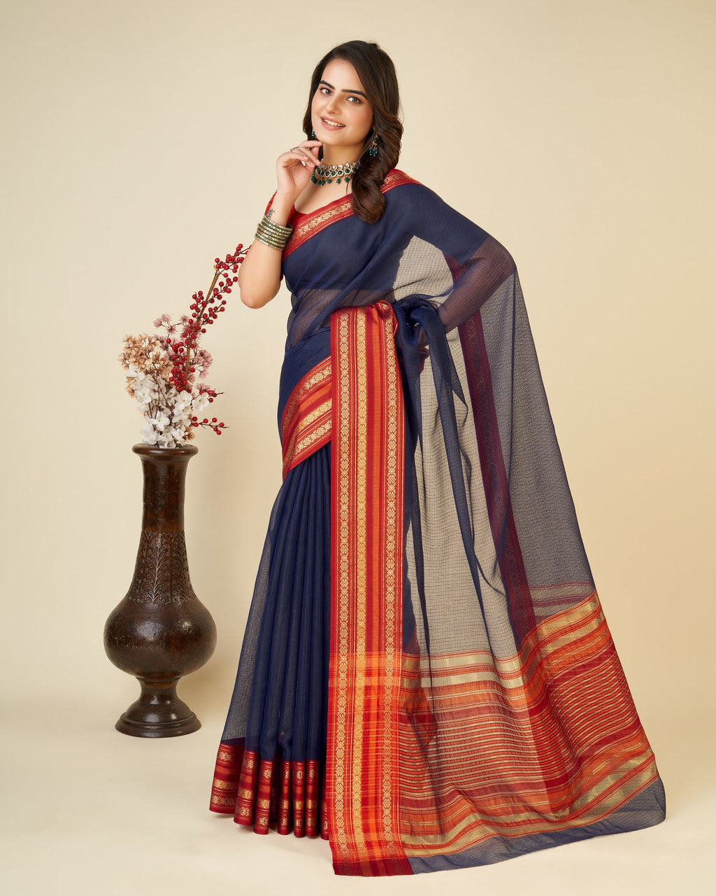 Vedant Vastram Cotton Silk Silk Jacquard Fancy Saree - Navy
