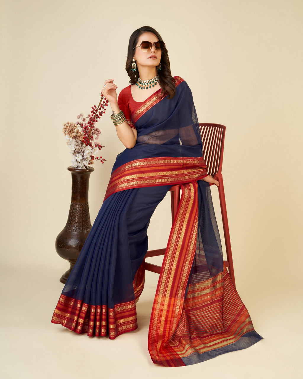Vedant Vastram Cotton Silk Silk Jacquard Fancy Saree - Navy