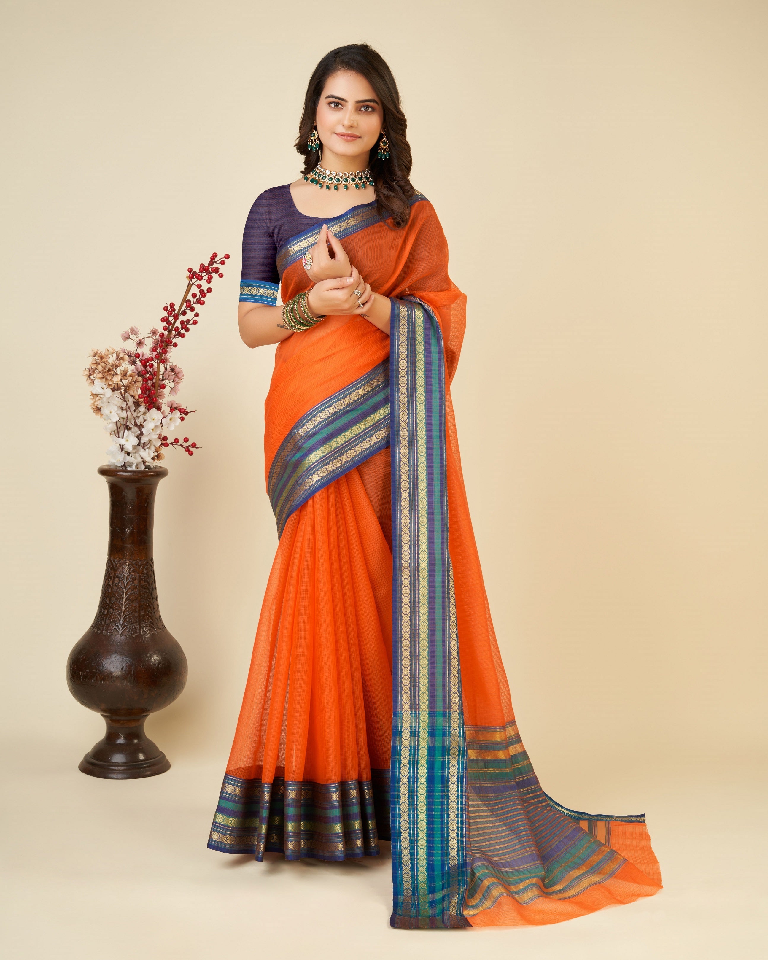Vedant Vastram Cotton Silk Silk Jacquard Fancy Saree - Orange