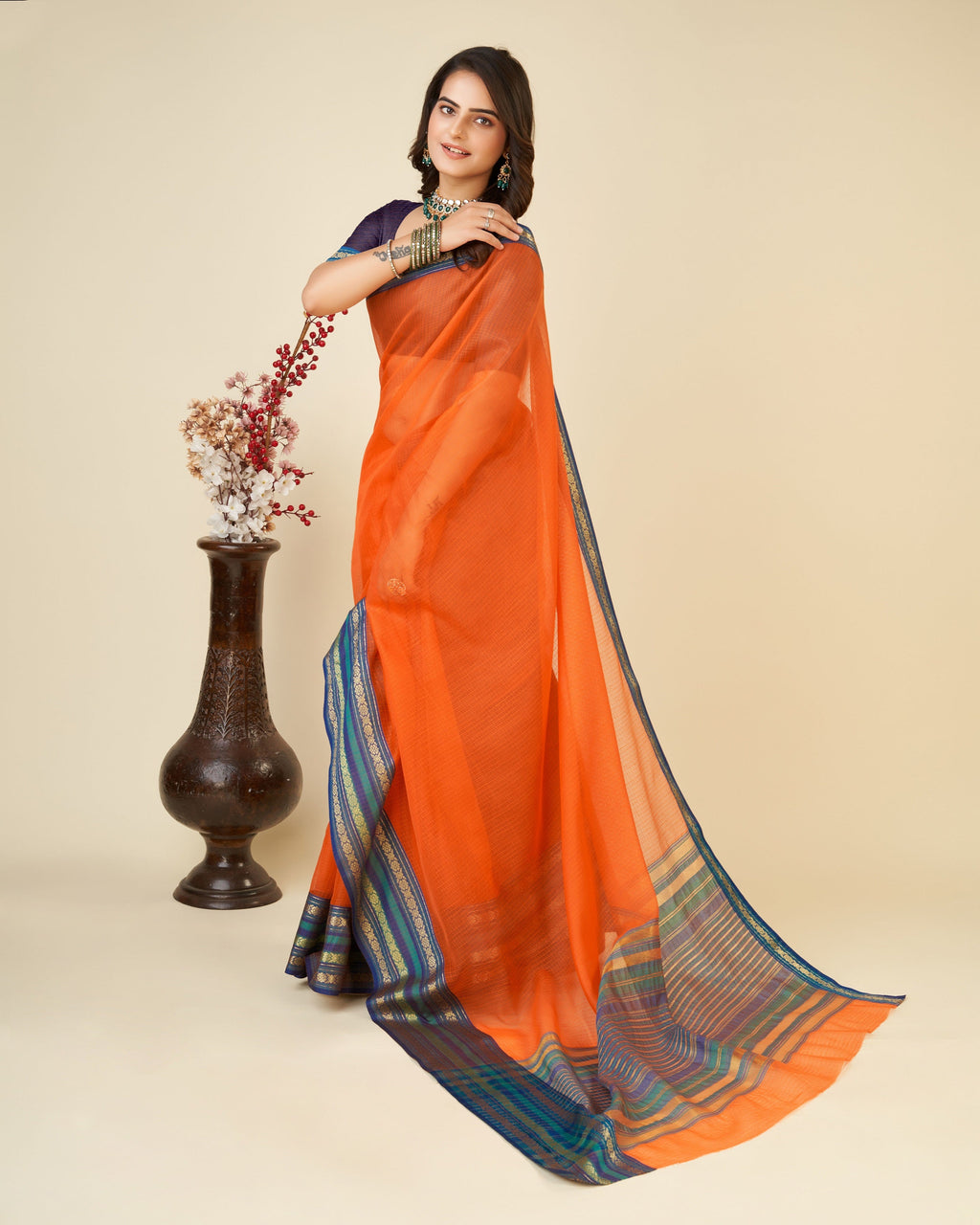 Vedant Vastram Cotton Silk Silk Jacquard Fancy Saree - Orange