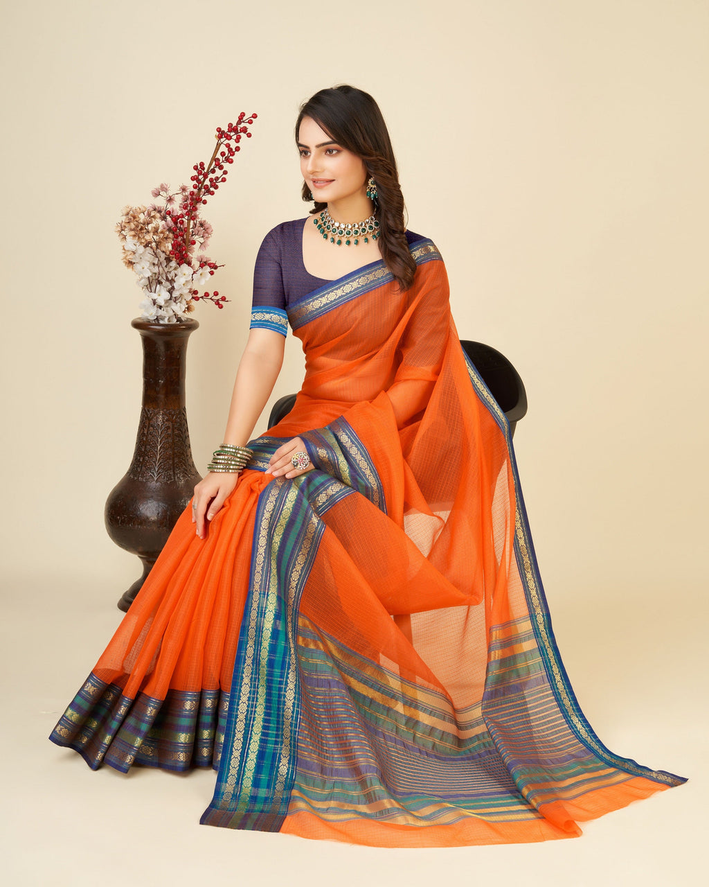 Vedant Vastram Cotton Silk Silk Jacquard Fancy Saree - Orange