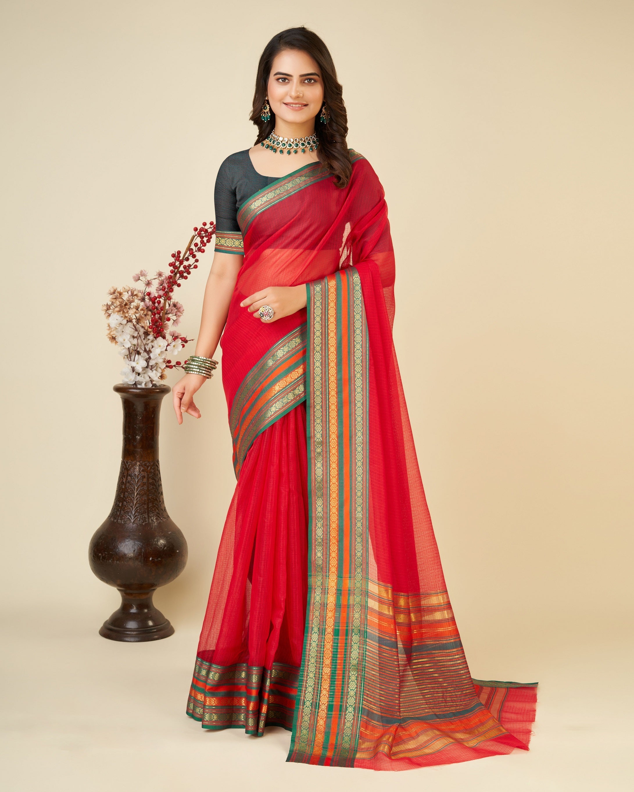 Vedant Vastram Cotton Silk Silk Jacquard Fancy Saree - Red