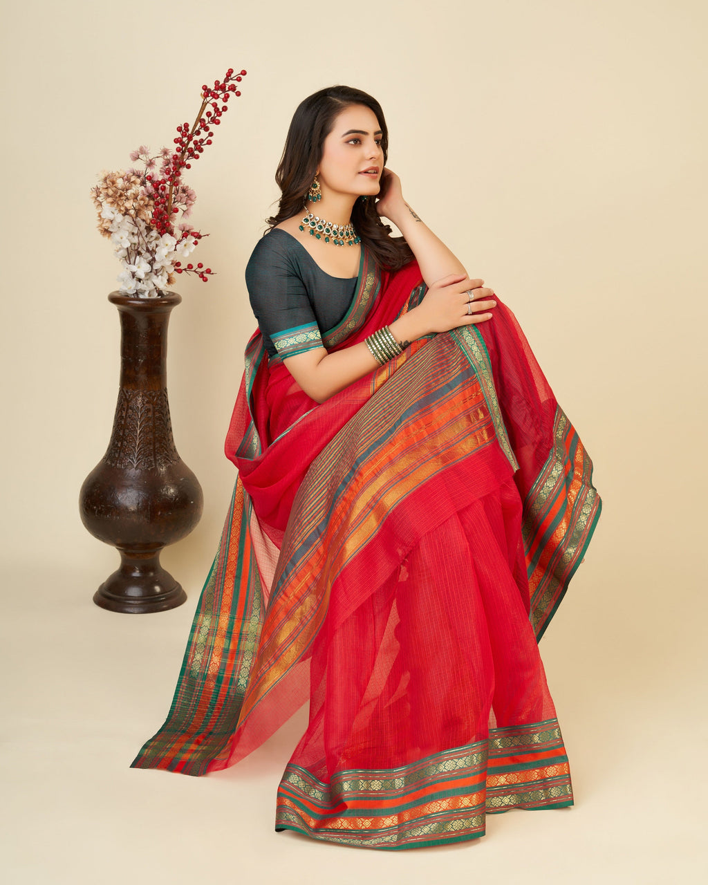 Vedant Vastram Cotton Silk Silk Jacquard Fancy Saree - Red