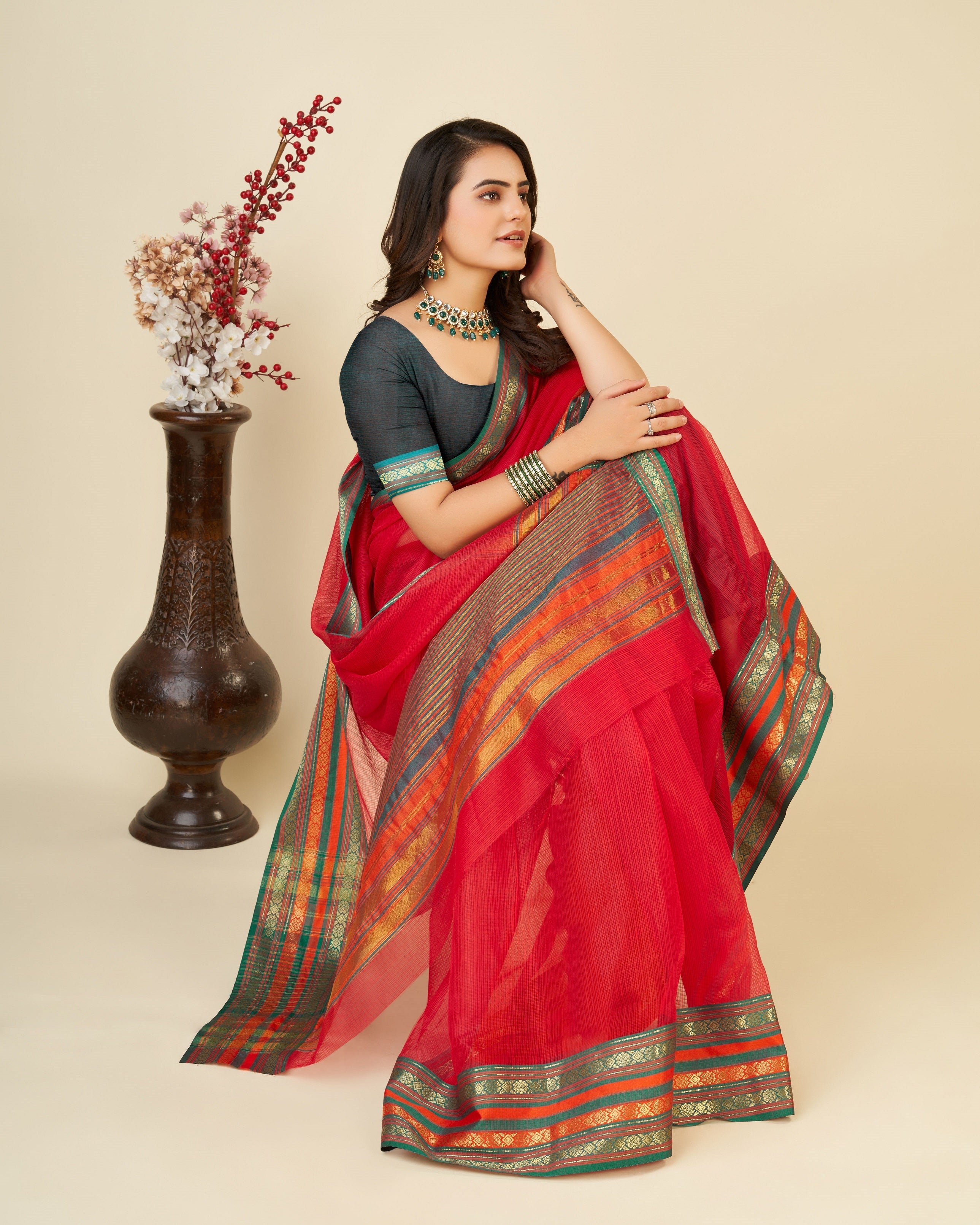 Vedant Vastram Cotton Silk Silk Jacquard Fancy Saree - Red