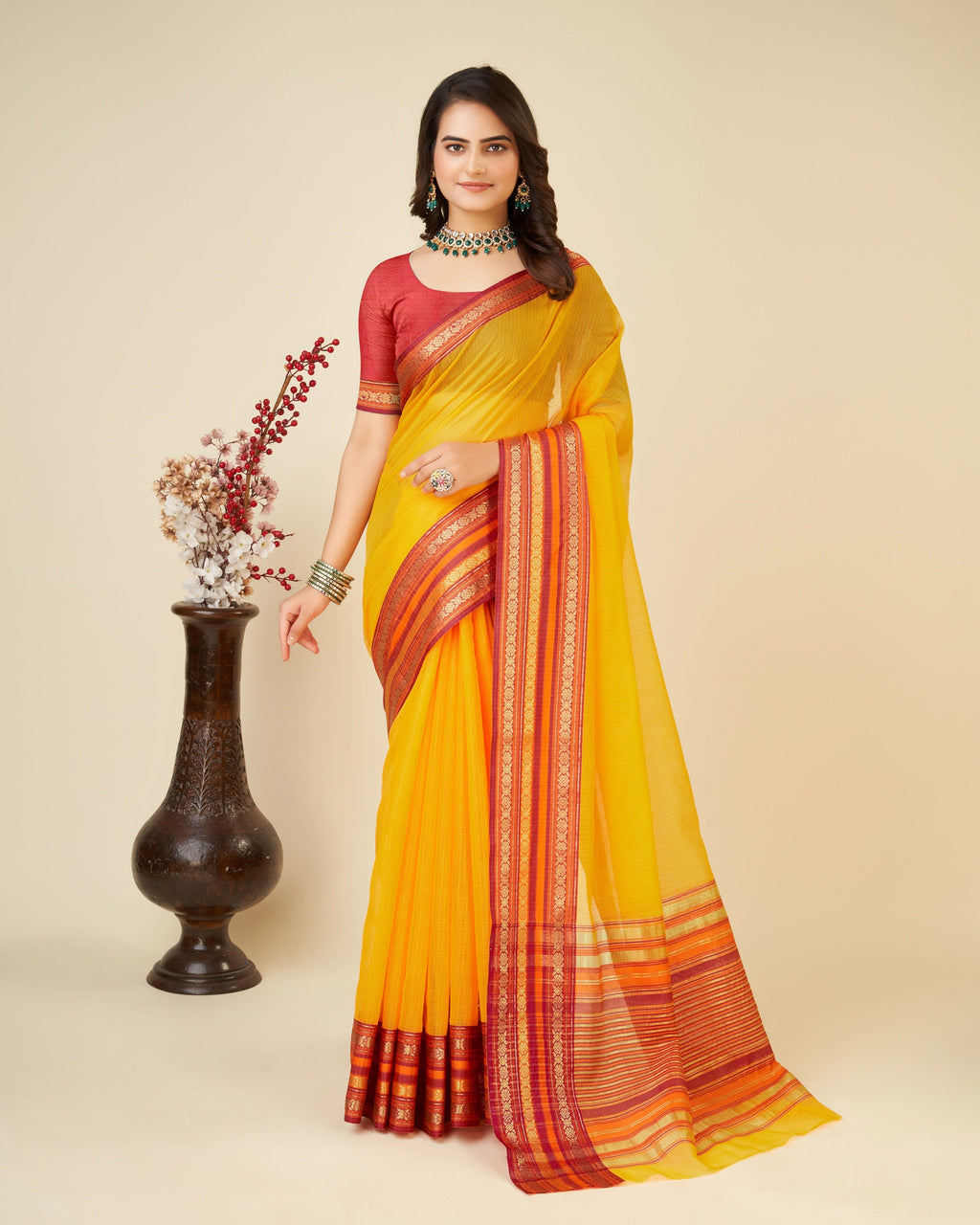 Vedant Vastram Cotton Silk Silk Jacquard Fancy Saree - Yellow