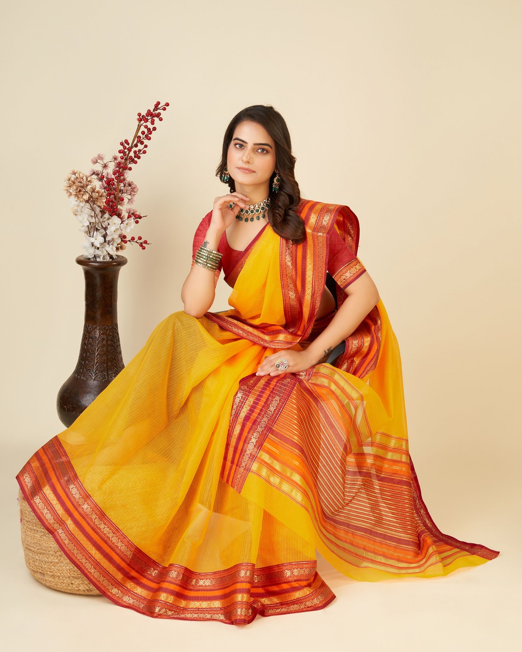 Vedant Vastram Cotton Silk Silk Jacquard Fancy Saree - Yellow