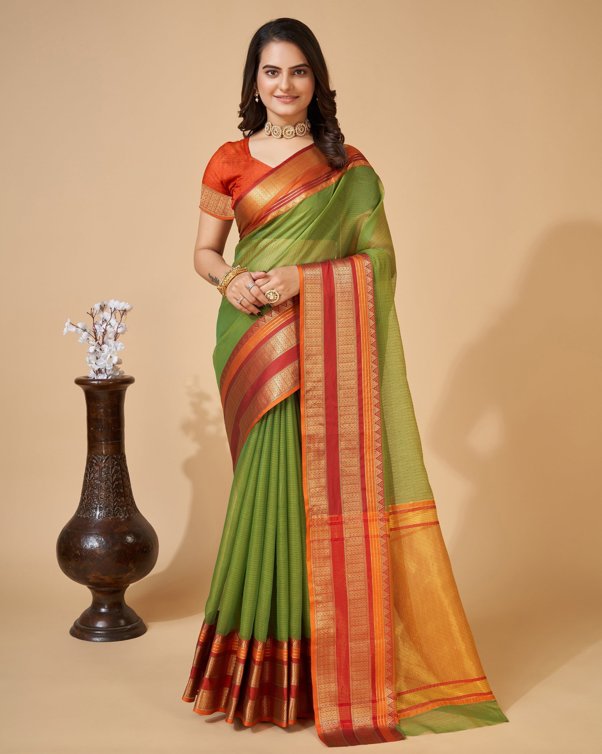 Vedant Vastram Cotton Silk Silk Jacquard Fancy Saree - Mahendi